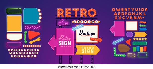 Retro signboard creator. Set elements for street sign. Scene creator, neon sign. Retro font. Advertising space. 