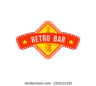 Retro signboard with electric bulbs. Vector illustration on theme of the night sign. Colorful billboard.