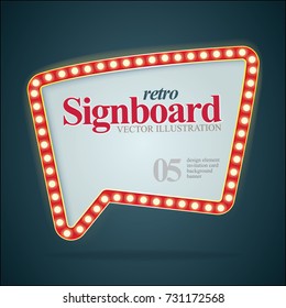 Retro signboard illustration.
Vintage banner with light bulbs.
Vector design template for invitation, banner or background.