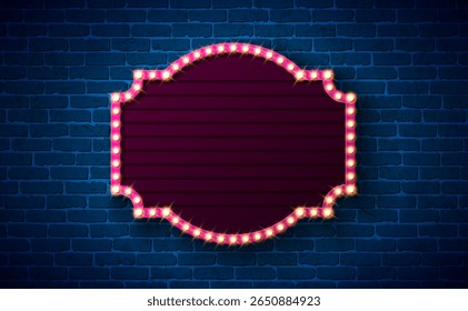 Design de banner de caixa de luz de placa de sinalização retrô com quadro de lâmpada brilhante Billboard no fundo de parede de tijolo vintage. Ilustração personalizável de letreiro de vetor para publicidade de casino, show de teatro