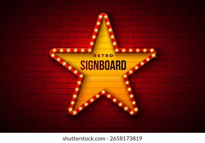 Retro Signboard Lightbox Banner Design with Glowing Star Shape Light Bulb Frame Billboard on Vintage Brick Wall Background. Vector Customizable Marquee Sign Illustration for Casino, Theater, Circus