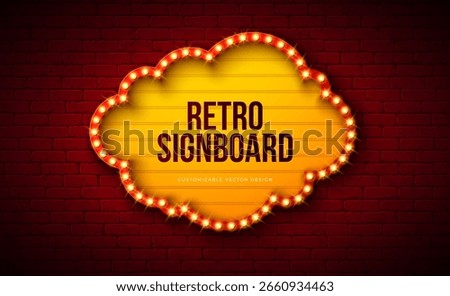 Retro Signboard Lightbox Banner Design with Glowing Light Bulb Frame Billboard on Vintage Brick Wall Background. Vector Customizable Cloud Shape Marquee Sign Illustration for Casino Advertising
