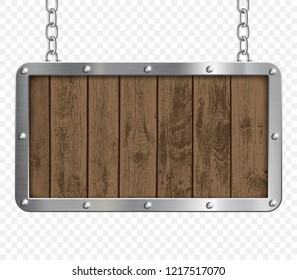 Retro signboard made of metal and wood hanging on chains. Isolated on a transparent background. Stock vector illustration.