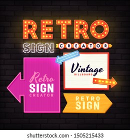 Retro signboard. Set elements for street sign. Neon sign. Advertising space. 