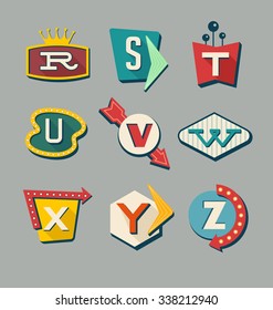 Retro signs alphabet. Letters on vintage style signs. Alphabet reminiscent of 1950s roadside signs.