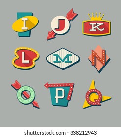 Retro signs alphabet. Letters on vintage style signs.
Alphabet reminiscent of 1950s roadside signs.