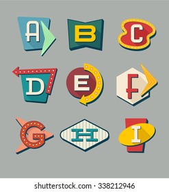 Retro signs alphabet. Letters on vintage style signs.
Alphabet reminiscent of 1950s roadside signs.