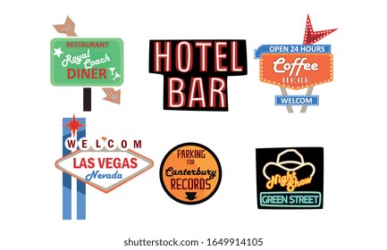 Retro Signs Collection, Vintage Billboards, Signboards, Light Banners Vector Illustration