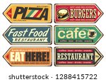 Retro signs collection.  Vintage sign posts set for cafe, pizza, burger and fast food restaurant. Food and drink vectors poster on old textured background.