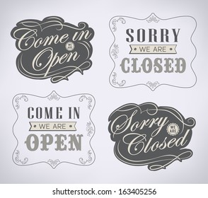 Retro signs Open and Closed. Vector illustration.