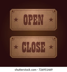 Retro signs Open and Closed. Western style. Signboard for a bar, shop, restaurant. Vector illustration.