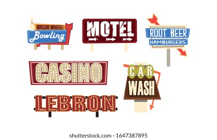 Retro Signs and Pointers Collection, Vintage Billboards, Signboards, Light Banners Vector Illustration