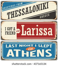 Retro Signs set with cities in Greece. Vintage vector souvenir sign or postcard templates. Travel theme. Places to visit and remember.