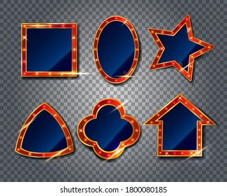 Retro signs, vector set of light bulbs with glow effect on a dark background. Concept for circus, movie etc. Vector illustration