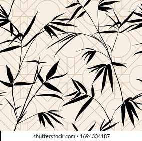 Retro Silhouette bamboo leaves on light beige geometric line background seamless pattern in vector EPS10,Design for fashion,fabric,web,wallaper,wrapping and all prints.