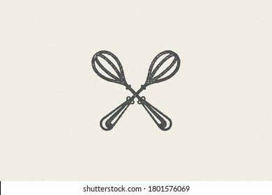 Retro silhouette of black whisks crossed as symbol of pastry preparation hand drawn stamp effect vector illustration. Vintage grunge texture on old paper for packaging design or label decoration.