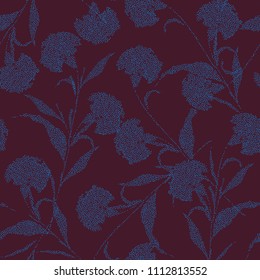 Retro Silhouette Carnation flowers made from hand sketch polka dots seamless vector  pattern for fashion fabric and all prints on burgandy background color