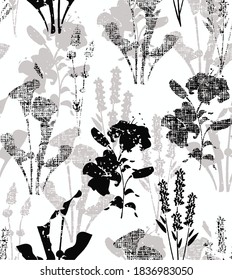 Retro silhouette meadow flowers seamless pattern in vector on tartan textures , Retro style design for fashion , fabric,web, wallpaper ,wrapping and all prints on vintage white linen background
