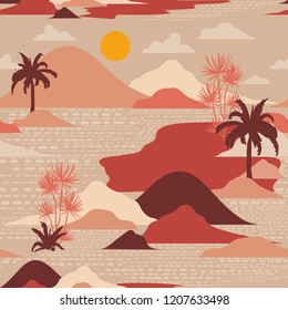Retro silhouette of palm tree,beach,mountain on modern paper cut style seamless pattern vector design for fashion,fabric,and all prints on vintage brown background