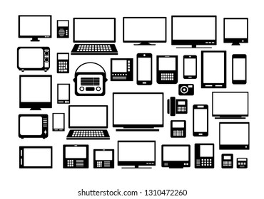 Retro silhouette set radio monitor tv vintage silhouette for invitations, business cards, conceptual design