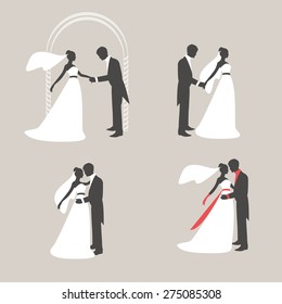 Retro silhouettes of the bride and bridegroom. The groom holds the hand of the bride. Bride and groom embracing and kissing. Vector