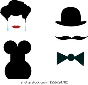 Retro silhouettes lady and gentleman icon isolated on white background. Vector art. Lady with a haircut and earrings, a gentleman in a bowler hat, with a bow tie and a mustache
