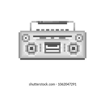 Retro Silver Boombox, 8 Bit Pixel Art Icon Isolated On White Background. Portative Casette Player, 80s-90s Urban Street Culture Symbol. Tape Recorder. Hip-hop Music Audio System. Vintage Game Graphics