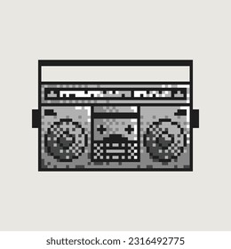 Retro silver boombox, 8 bit pixel art cassette tape. Portative casette player, 80s-90s urban street culture symbol. Hip-hop music audio system. Vintage audio system.