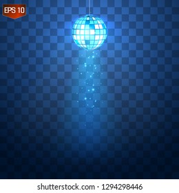 Retro silver disco ball vector, shining club symbol of having fun, dancing, dj mixing, nostalgic party, entertainment. Illustration on transparent background. Rays of light reflect in mirror surface
