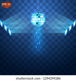 Retro silver disco ball vector, shining club symbol of having fun, dancing, dj mixing, nostalgic party, entertainment. Illustration on transparent background. Rays of light reflect in mirror surface
