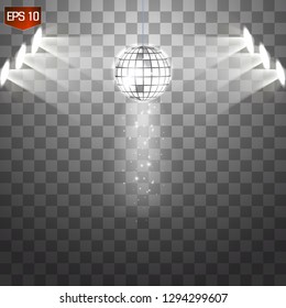 Retro silver disco ball vector, shining club symbol of having fun, dancing, dj mixing, nostalgic party, entertainment. Illustration on transparent background. Rays of light reflect in mirror surface