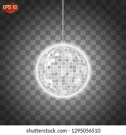 Retro silver disco ball vector, shining club symbol of having fun, dancing, dj mixing, nostalgic party, entertainment. Illustration on transparent background. Rays of light reflect in mirror surface