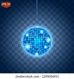 Retro silver disco ball vector, shining club symbol of having fun, dancing, dj mixing, nostalgic party, entertainment. Illustration on transparent background. Rays of light reflect in mirror surface