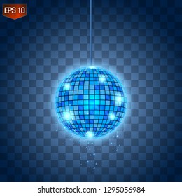 Retro silver disco ball vector, shining club symbol of having fun, dancing, dj mixing, nostalgic party, entertainment. Illustration on transparent background. Rays of light reflect in mirror surface