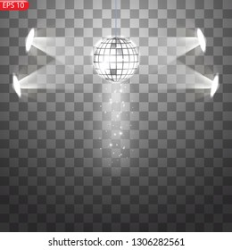 Retro silver disco ball vector, shining club symbol of having fun, dancing, dj mixing, nostalgic party, entertainment. Illustration on transparent background. Rays of light reflect in mirror surface
