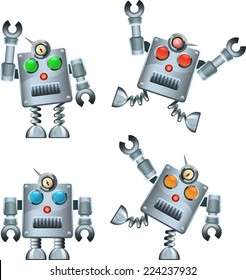 Retro Silver Robot Set vector illustration.