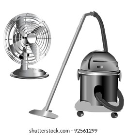 retro silver wind fan and vacuum cleaner isolated on white