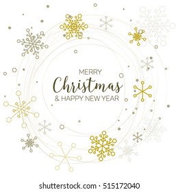 Retro simple Christmas card with circle of golden snowflakes on white background