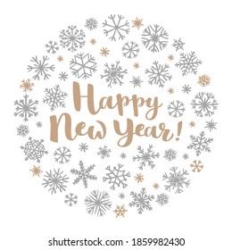 Retro simple Christmas card with golden snowflakes on white background. Winter snowflakes in circle shape with lettering Happy New Year for greeting card, invitation or tshirt print.