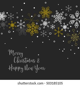 Retro simple Christmas card with golden and white snowflakes on black background