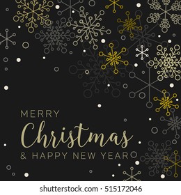 Retro simple Christmas card with golden and white snowflakes on black background