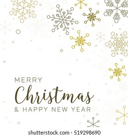 Retro Simple Christmas Card With Golden Snowflakes On White Background