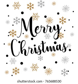 Retro simple Christmas card with golden snowflakes on white background
