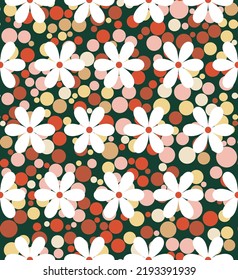 Retro Simple Daisy Flowers on Colorful Dots Background Trendy Fashion Colors Seamless Pattern Vector Minimal Simple Design Dark Green Coral Tones