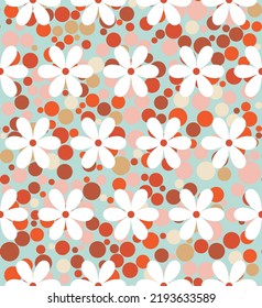 Retro Simple Daisy Flowers on Colorful Dots Background Trendy Fashion Colors Seamless Pattern Vector Minimal Simple Design Mint Blue Orange Brown Tones