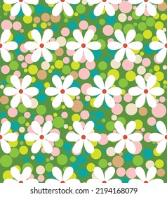 Retro Simple Daisy Flowers on Colorful Dots Background Trendy Fashion Colors Seamless Pattern Vector Minimal Simple Design Bright Green Tones