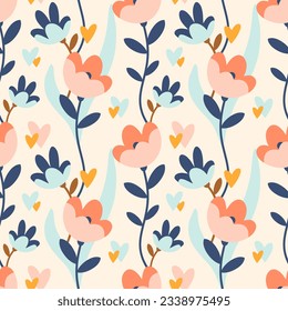 Retro simple and elegant cottagecore floral seamless pattern. Colorful pastel aesthetic with leaves and flowers. Tile colorful composition for fabric, wrapping paper or decoration.