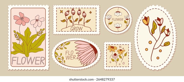 Retro simple florals in postage stamp vintage illustration set. Abstract hand drawn doodle cartoon floral elements, Retro vintage style flower  with sparkle., daisy, aster, chrysanthemum, marigold, ca