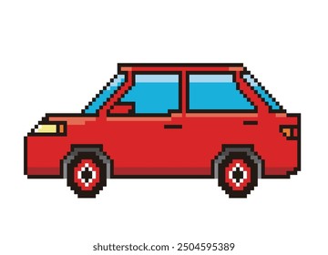 Retro and simple pixel art of automobile drawn in 8-bit, passenger car, sedan illustration.