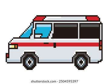 Retro and simple pixel art of automobile drawn in 8-bit, passenger car, ambulance illustration, working vehicle.